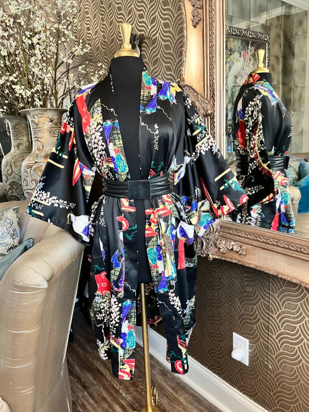 vintage black vibrant print of geisha girls and florals kimono